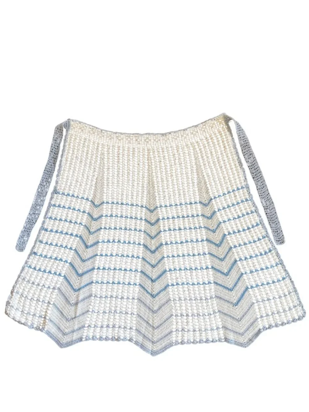 Vintage Hand-Crocheted Crochet Half Apron Blue & White Chevron Pattern